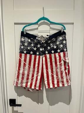 Calhoun Men's Distressed American Flag USA Board Shorts Swim Trunks